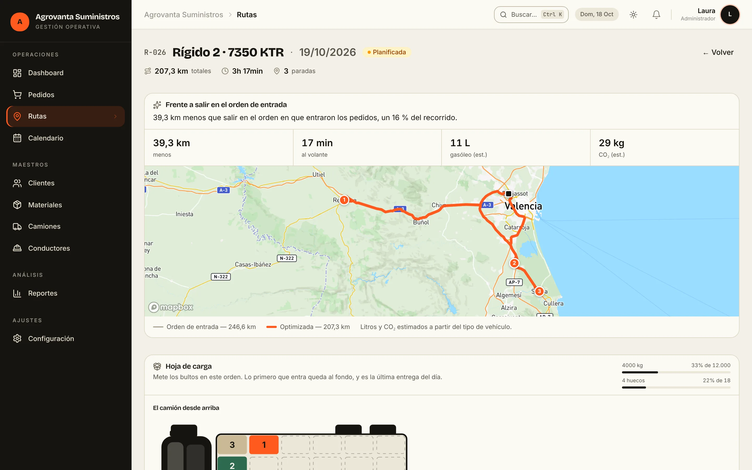 Pantalla de una ruta en Optiruta: 207 km y 3 paradas, con el ahorro frente al orden de entrada (39 km menos) y el recorrido en el mapa